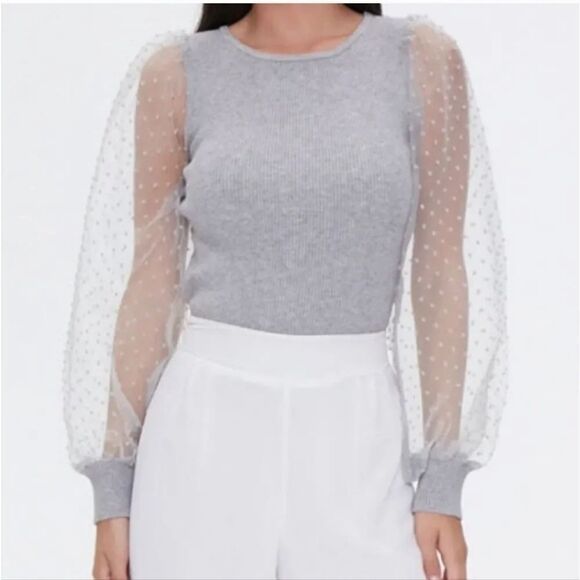 NEW Forever 21 Sheer Swiss Dot Puff Sleeve Rib Knit Sweater in Gray Size Small - Picture 1 of 13